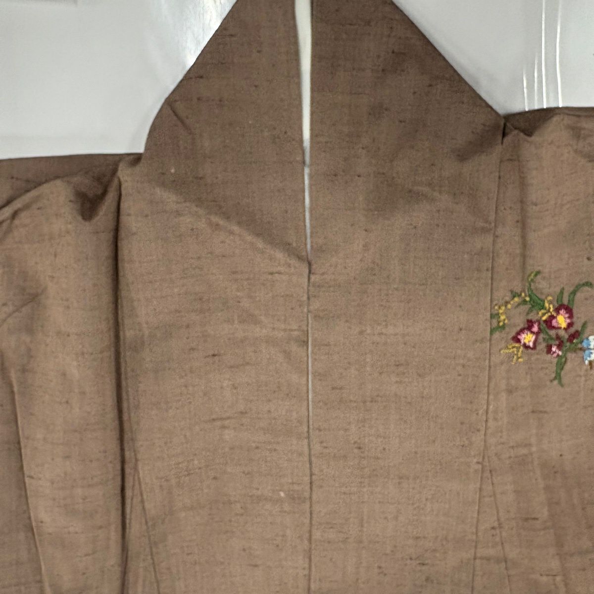 付下 身長153cm 袖長62cm S 雙層 紬織織 草花紋紋 刺繡 茶 純蠶絲 秀品級
