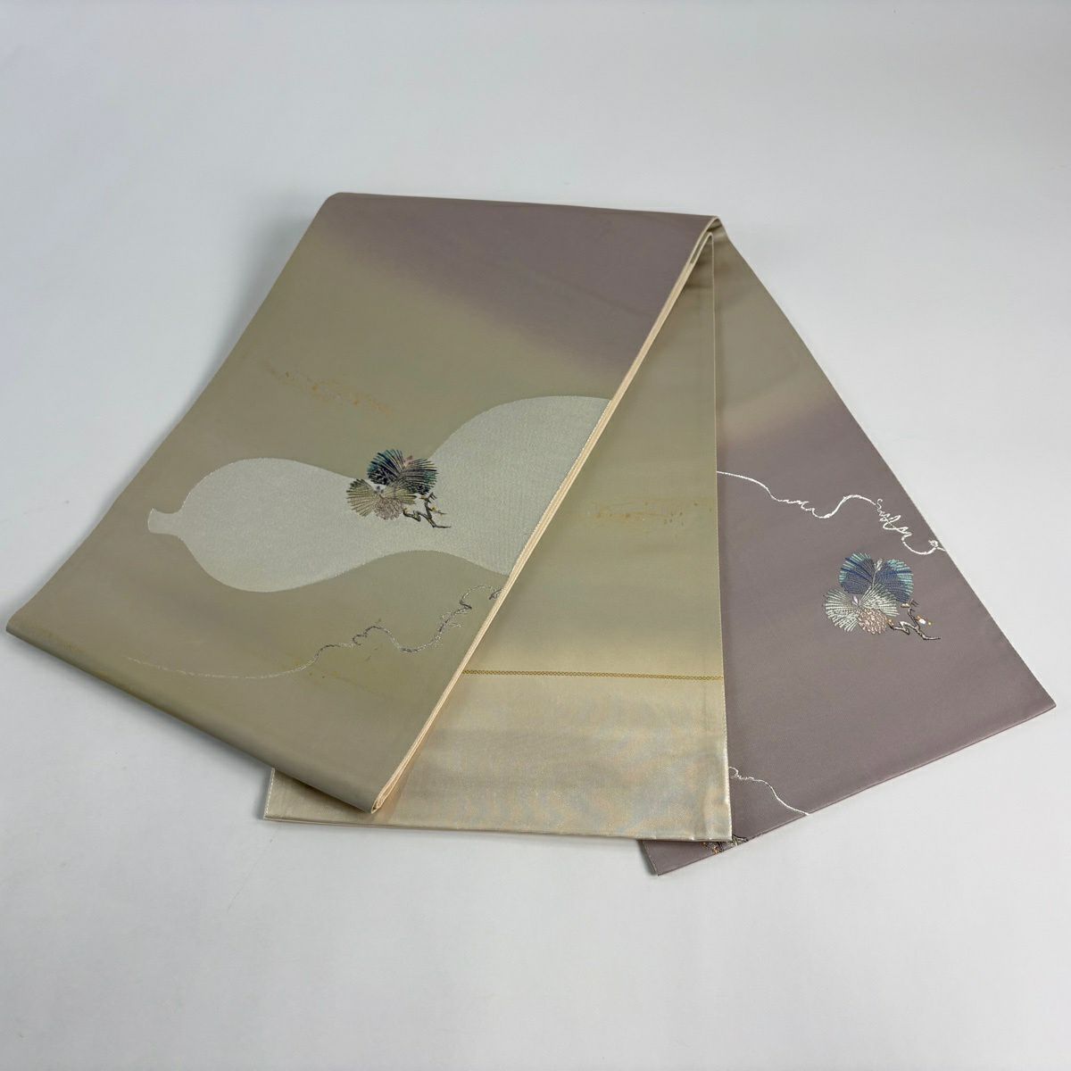 袋帶 名品級 證書齊全 瓢箪 若松樹 金金箔銀線 灰綠色 大鼓圖案 純蠶絲