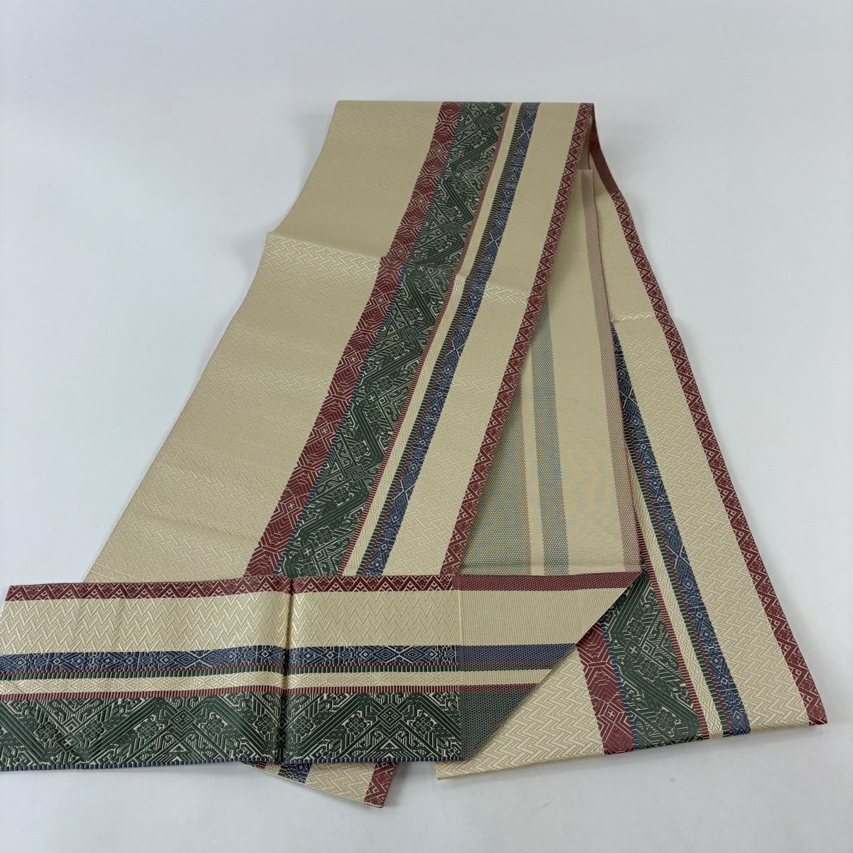 【美品】 名古屋帶 名品級 八寸名古屋帶 松樹葉仕立 雜紋 幾何圖案 米色 純蠶絲