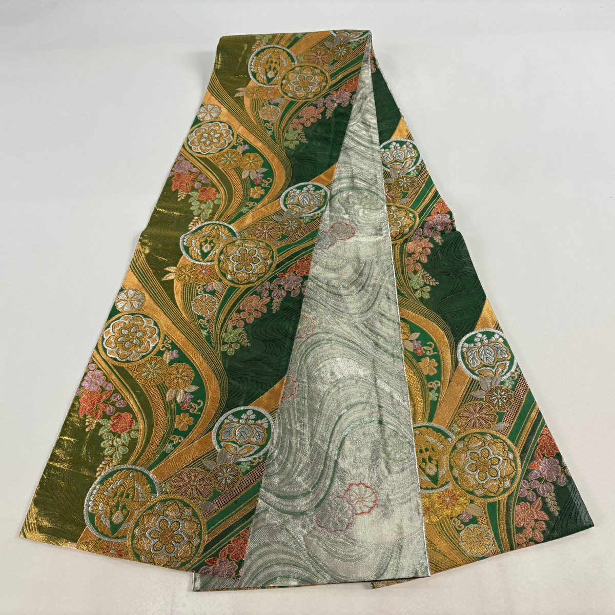 袋帶 秀品級 振袖禮服禮服用 華紋 向鳥 金銀絲 金金箔 綠 全通 純蠶絲