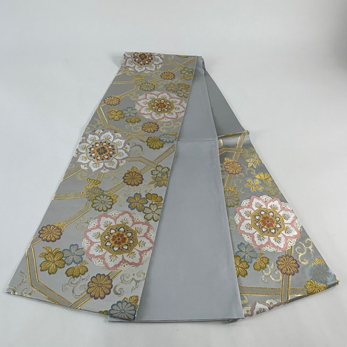【美品】 袋帶 秀品級 華紋 花唐草紋 金銀絲 唐織 灰 深藍 六通 純蠶絲