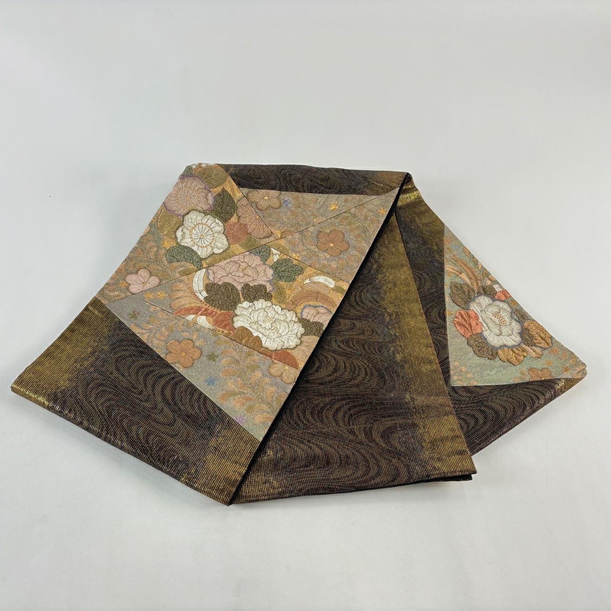 【美品】 袋帶 秀品級 草花紋 流水 金絲 切嵌 金色 大鼓圖案 純蠶絲