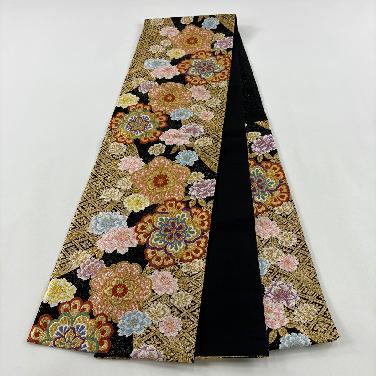【美品】 袋帶 秀品級 大和 華紋 菱 金絲 唐織 黑 六通 純蠶絲