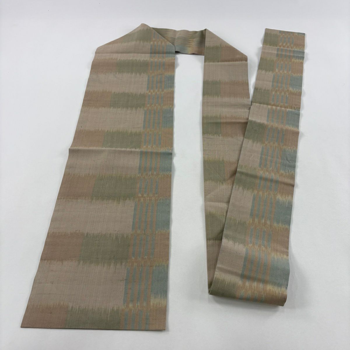 【美品】 名古屋帶 優品級 紬織織 條紋 段條紋 淺茶 純蠶絲