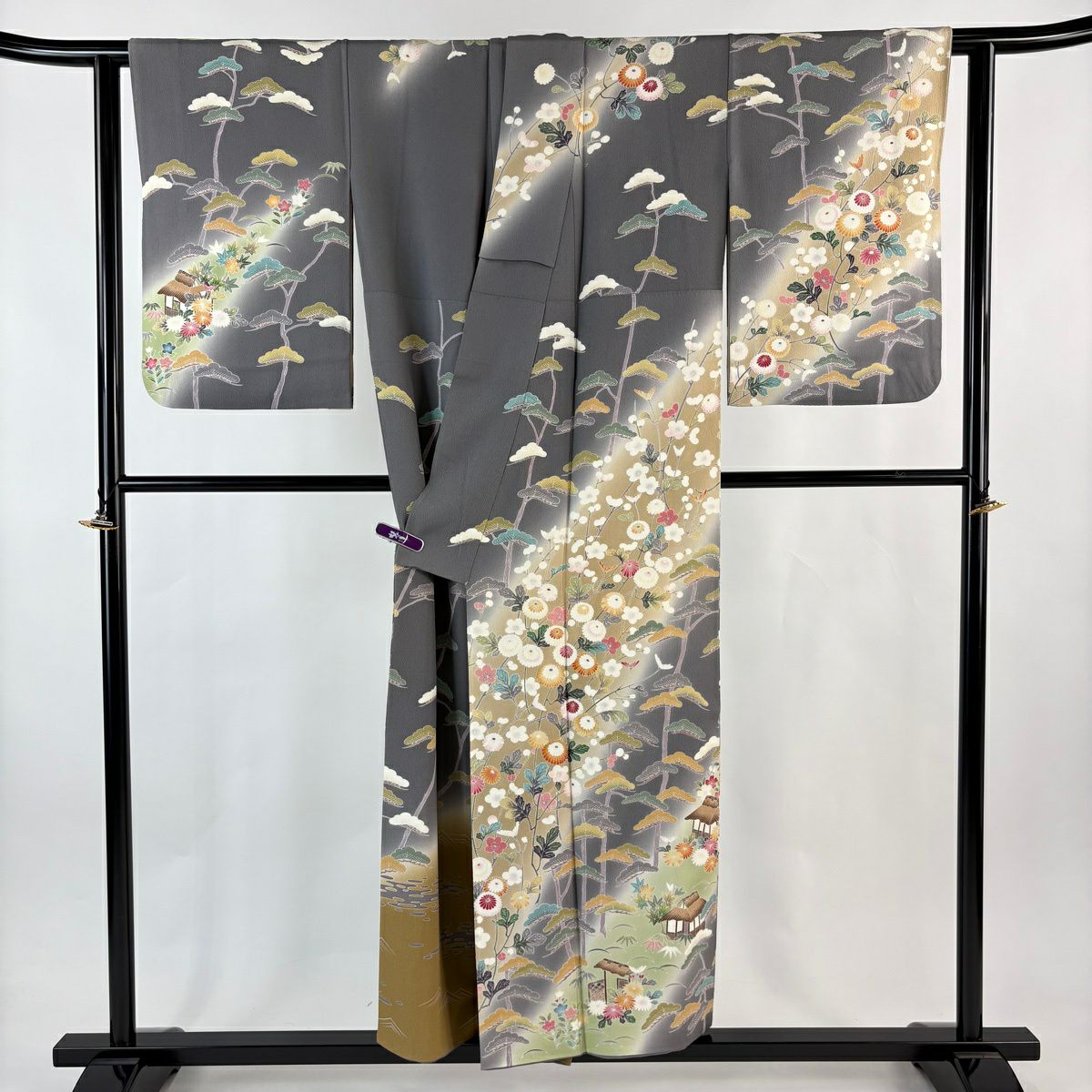 訪問服 身長151.5cm 袖長63cm S 雙層 落款 菊花 松樹梅花 金糸 染分 灰 純蠶絲 逸品級 一つ紋