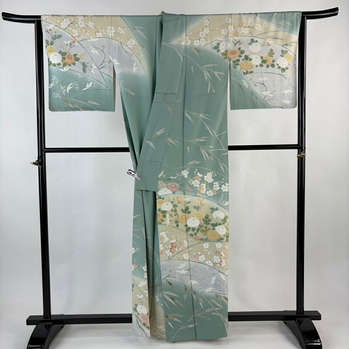 【美品】訪問服 身長159.5cm 袖長65.5cm M 雙層 鈴乃屋 落款あり 菊花 梅花 染分 薄綠 純蠶絲 逸品級