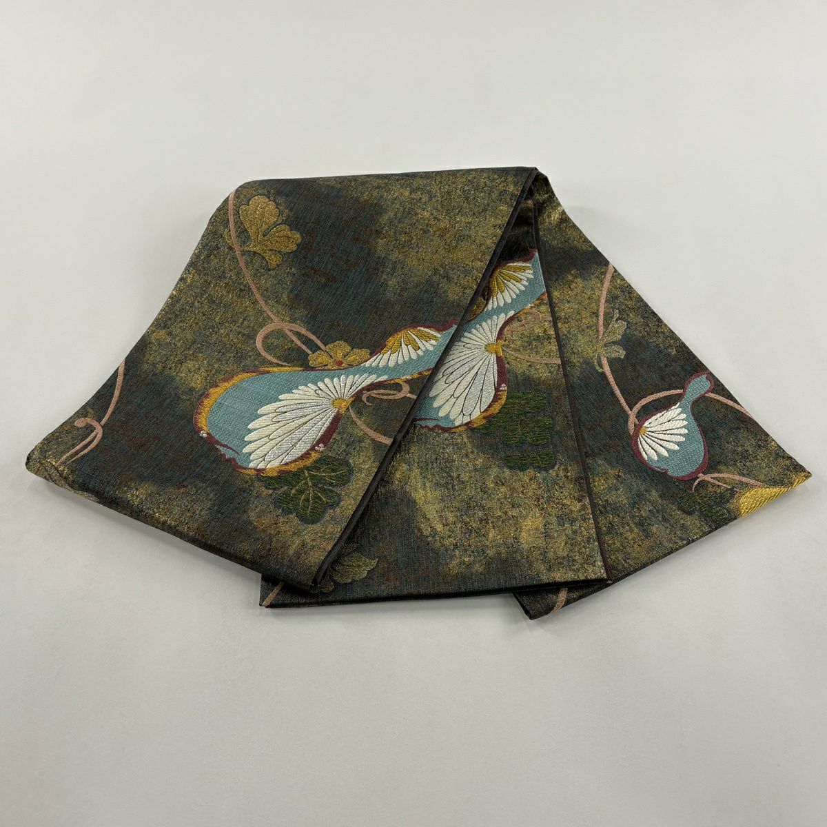 【美品】 袋帶 秀品級 瓢箪 菊花 金金箔 銀線 茶綠 お太鼓圖案 純蠶絲
