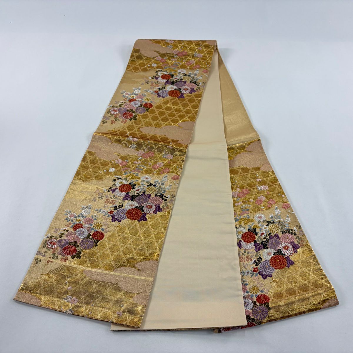 【美品】 袋帶 秀品級 菊花 光悅垣 金金箔 金銀彩 金色 六通 純蠶絲