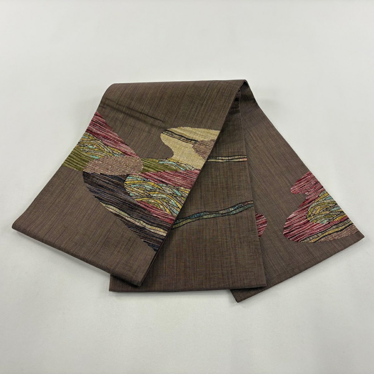 袋帶 秀品級 幾何學 金絲 茶紫 大鼓圖案 純蠶絲