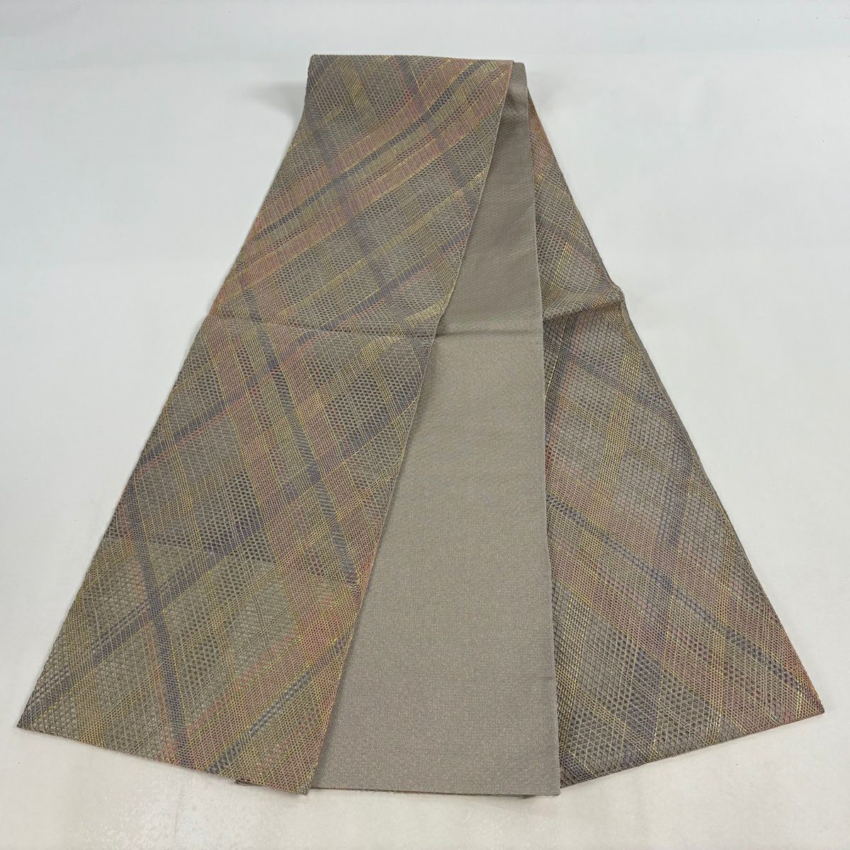 【美品】 袋帶 秀品級 斜格 金絲 灰茶 全通 純蠶絲