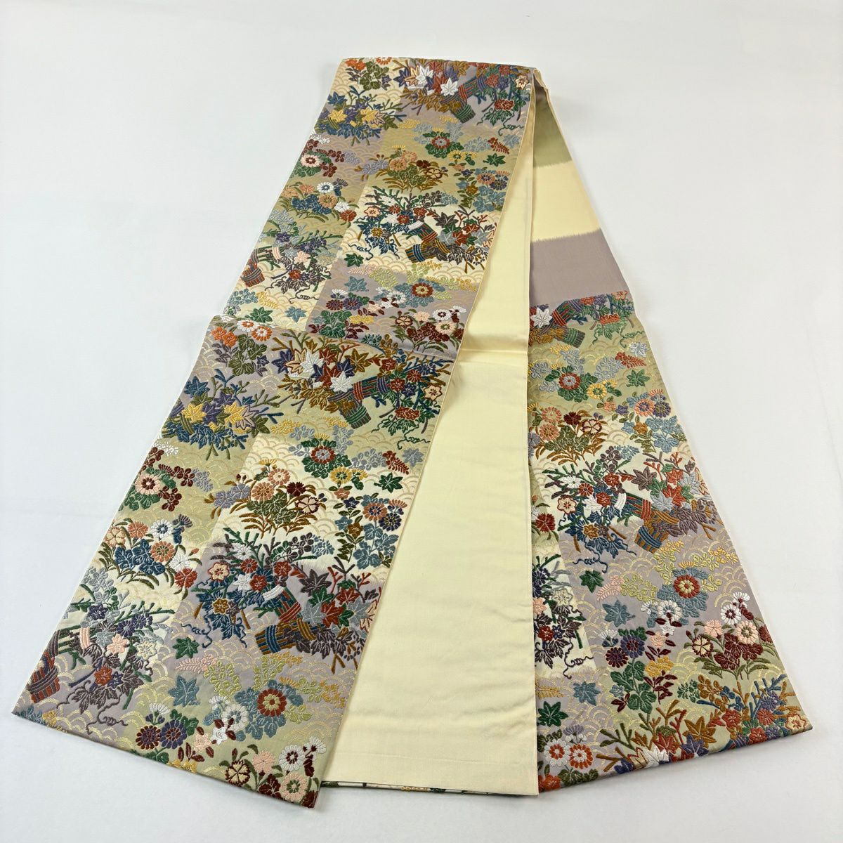 袋帶 名品級 草花紋 深藍海波 金金箔 唐織 抹茶 六通 純蠶絲
