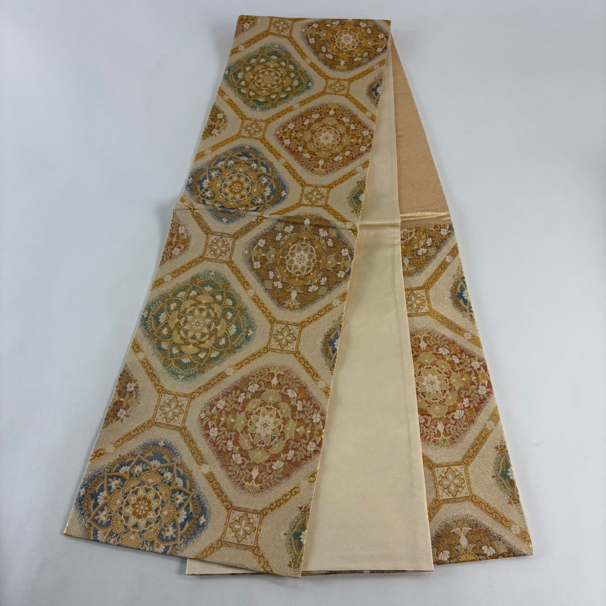 【美品】 袋帶 秀品級 菱天井精華紋 金絲 金金箔 米色 六通 純蠶絲