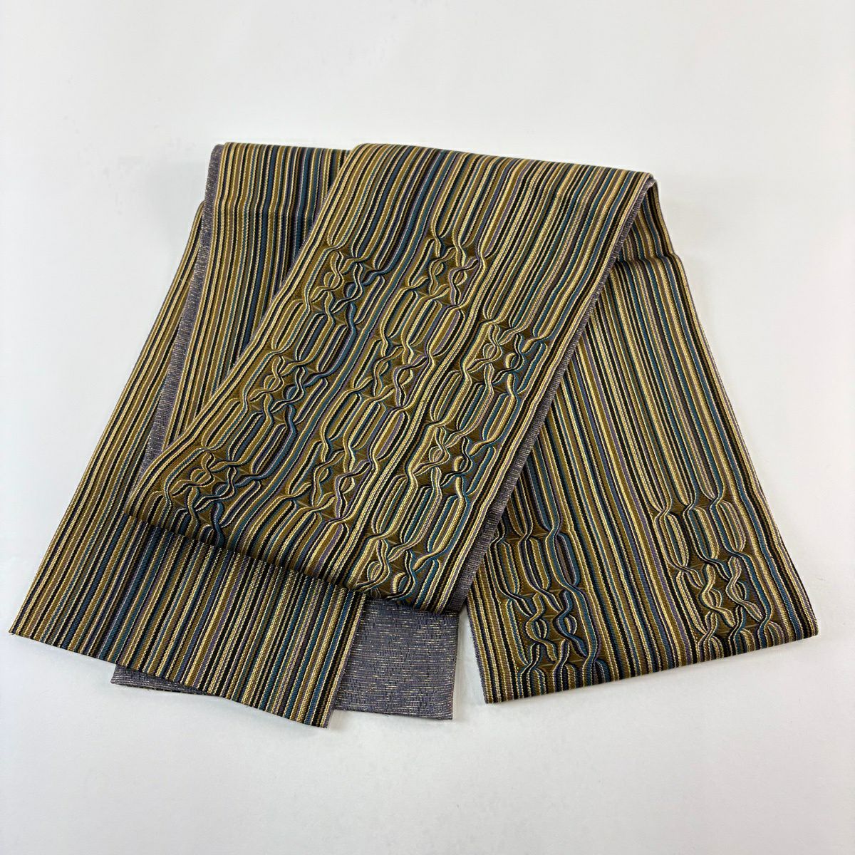 【美品】 袋帶 名品級 縞 幾何學 金絲 茶綠 素材 純蠶絲