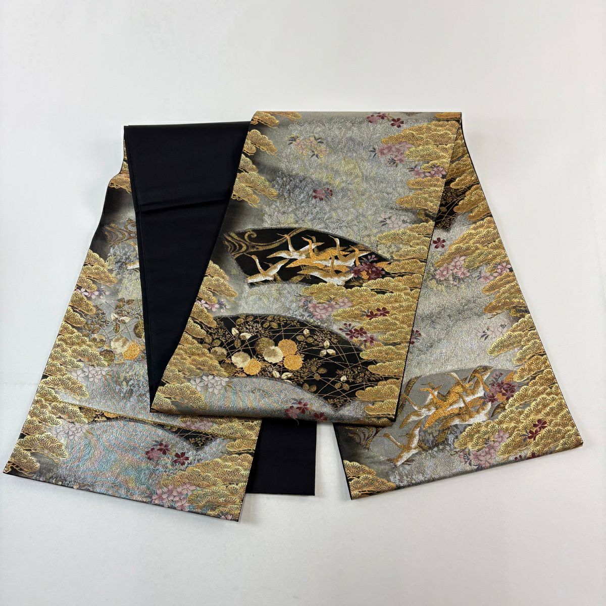 袋帶 名品級 仙鶴 草花紋 金銀彩 金金箔 銀 六通 純蠶絲