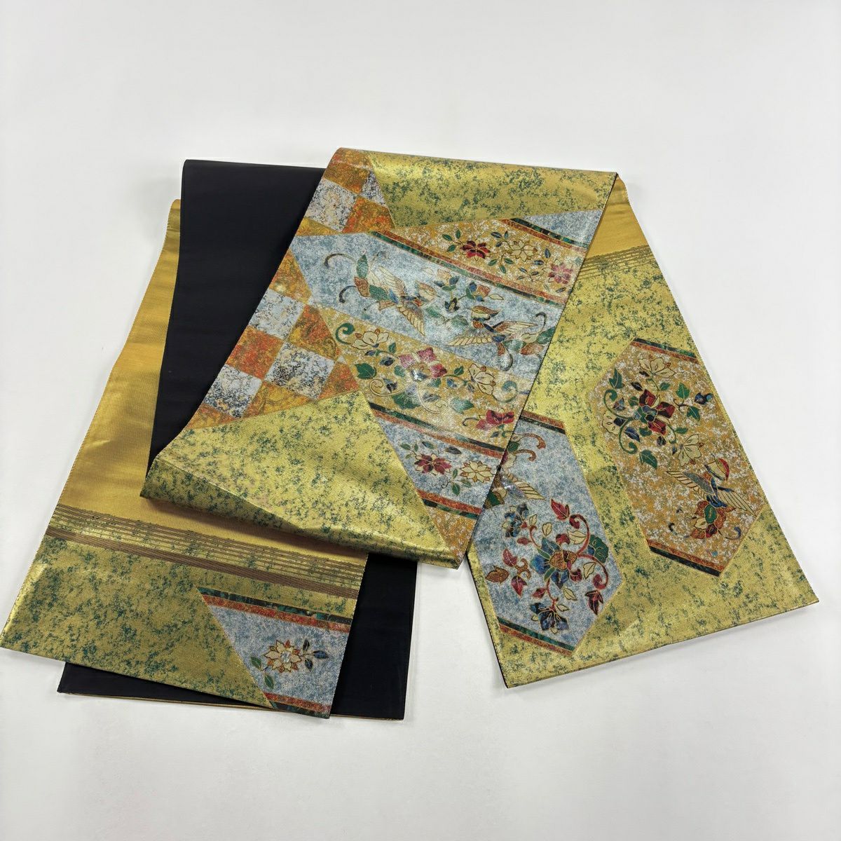 【美品】 袋帶 秀品級 花鳥 花唐草紋 金金箔 青灰 純蠶絲