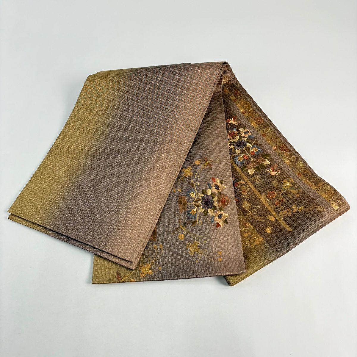 袋帶 秀品級 鳥 花唐草紋 刺繡 金線 茶 純蠶絲