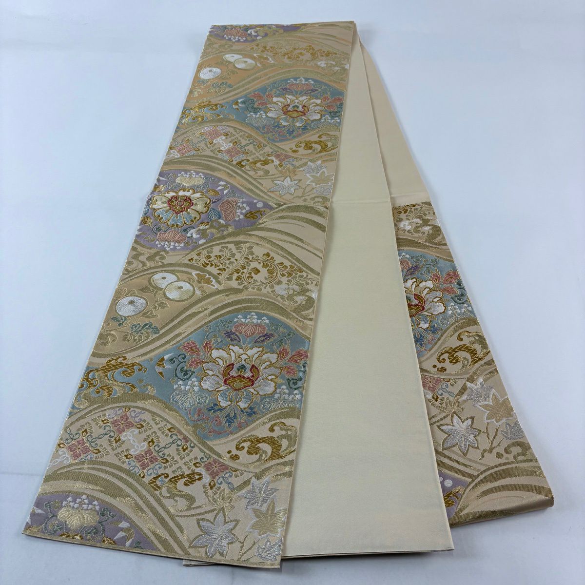 【美品】 袋帶 秀品級 草花紋紋 波 金絲 金金箔 米色 六通 純蠶絲