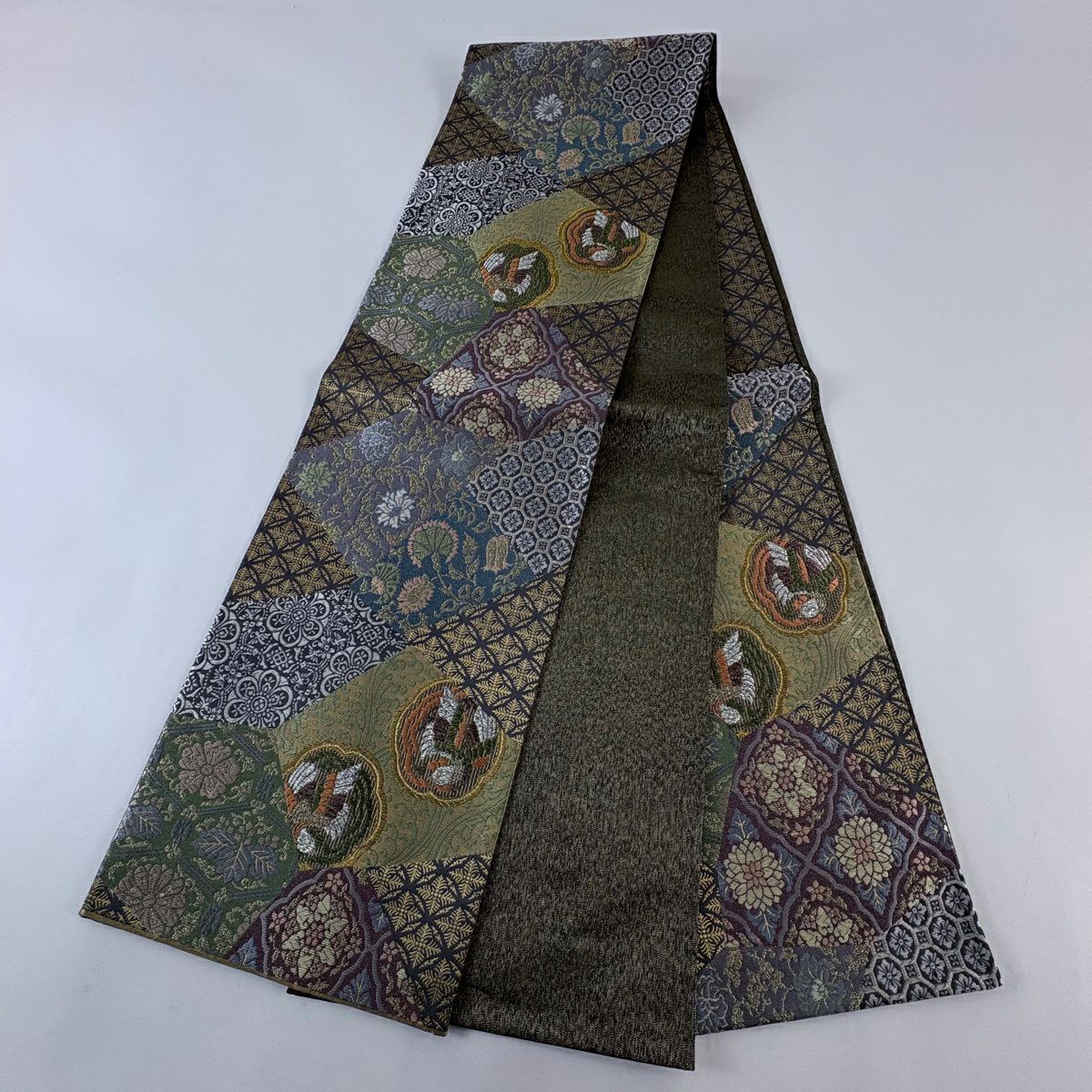 【美品】 袋帶 名品級 鳥花 金糸 金金箔 灰綠 六通 純蠶絲