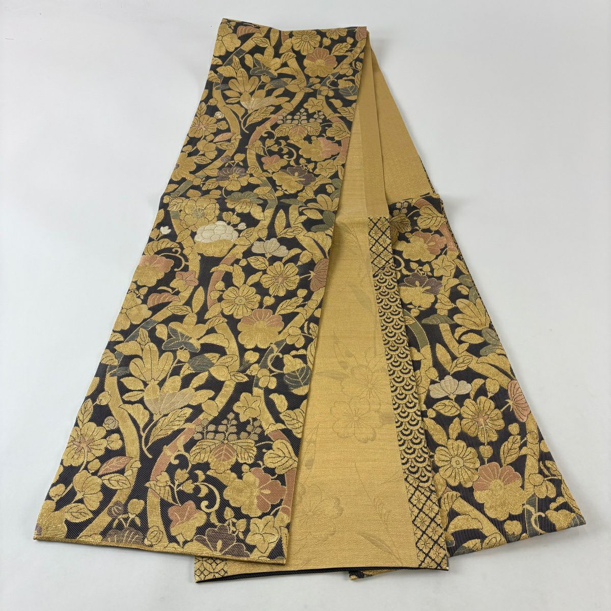【美品】 袋帶 名品級 辻花染圖案 立涌 金絲 金金箔 金色 六通 純蠶絲