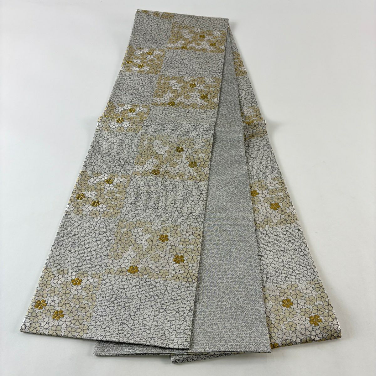 【美品】 袋帶 名品級 櫻花 金線 灰色 全通 純蠶絲