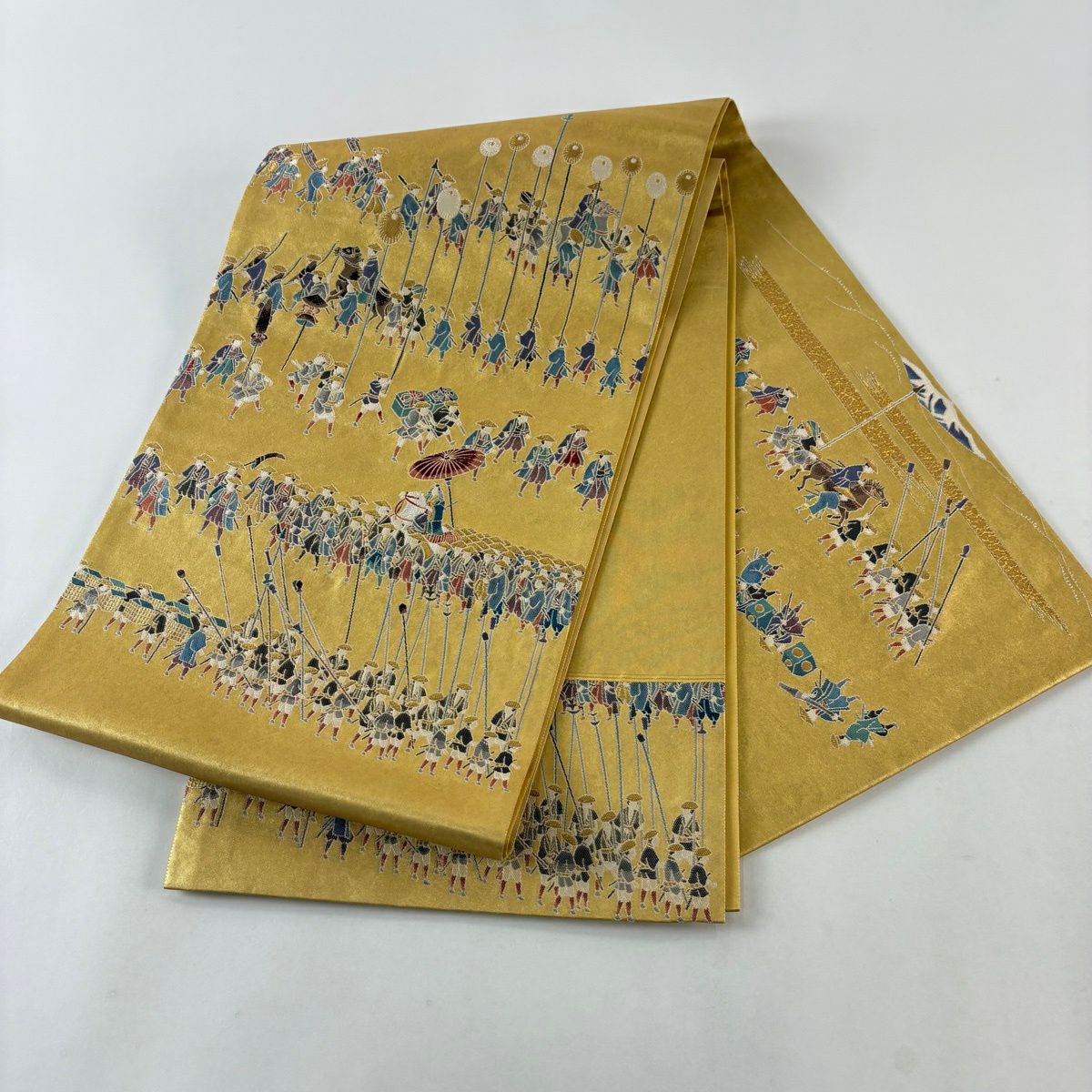 【美品】 袋帶 名品級 熊谷好博子 落款あり 大名行列圖 人物 金金箔 金色 大鼓圖案 純蠶絲
