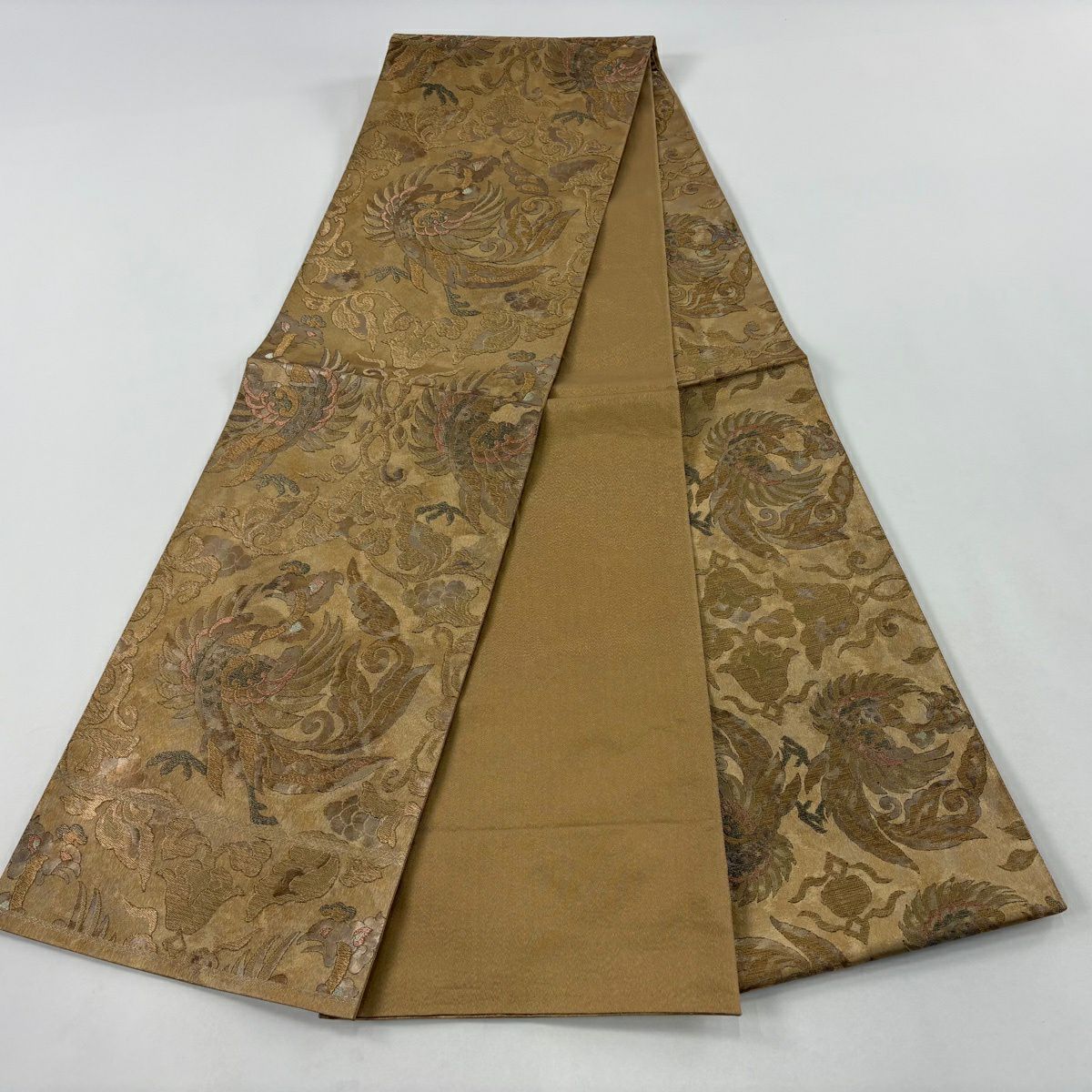 袋帶 逸品級 洛風林 落款あり 關西仕立 鳳凰 草花紋 金絲 金金箔 金茶 全通 純蠶絲