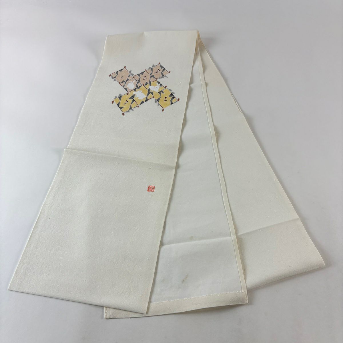 開口名古屋帶 逸品級 附有落款 兔子 音符 奶油色 純蠶絲