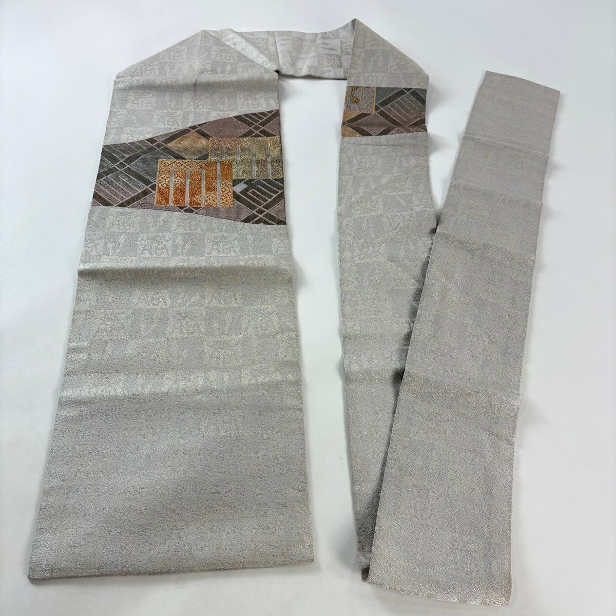 名古屋帶 逸品級 源氏香 市松樹 金金箔 灰色 純蠶絲
