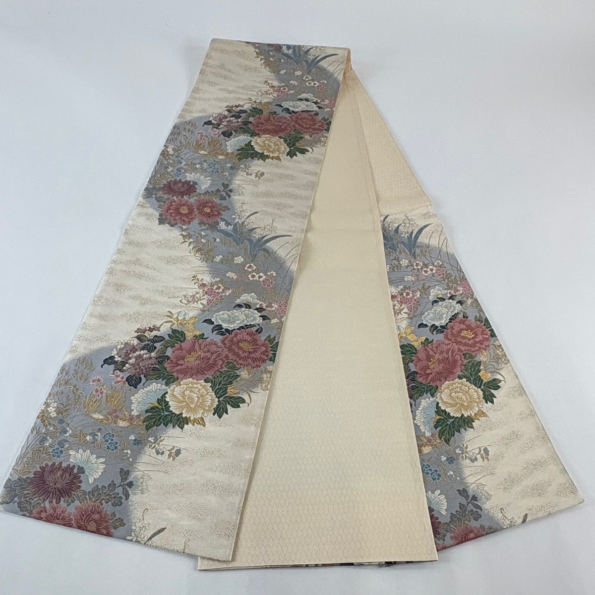 【美品】 袋帶 秀品級 草花紋紋 金金箔 金線 米色 六通 純蠶絲