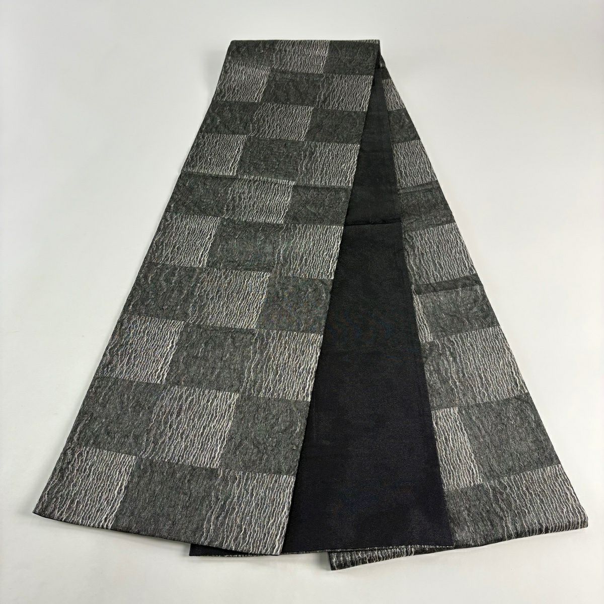【美品】 袋帶 秀品級 市松樹 銀糸 黑灰 全通 純蠶絲