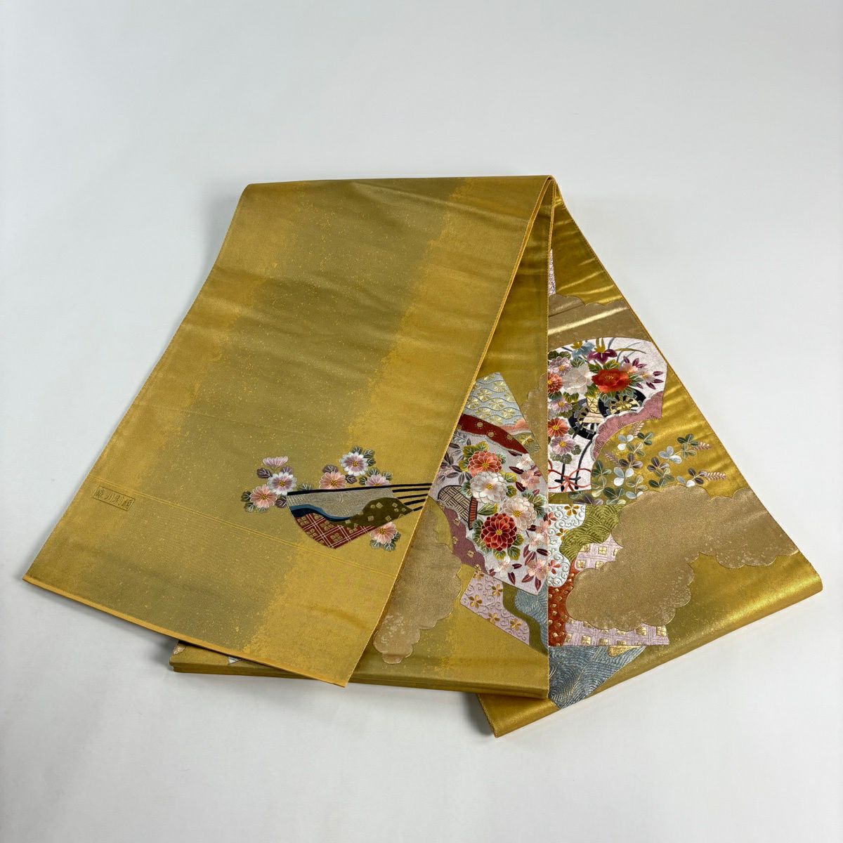 袋帶 秀品級 關西仕立 花車 扇子面 金銀線 蘇州刺繡 金色 大鼓圖案 純蠶絲