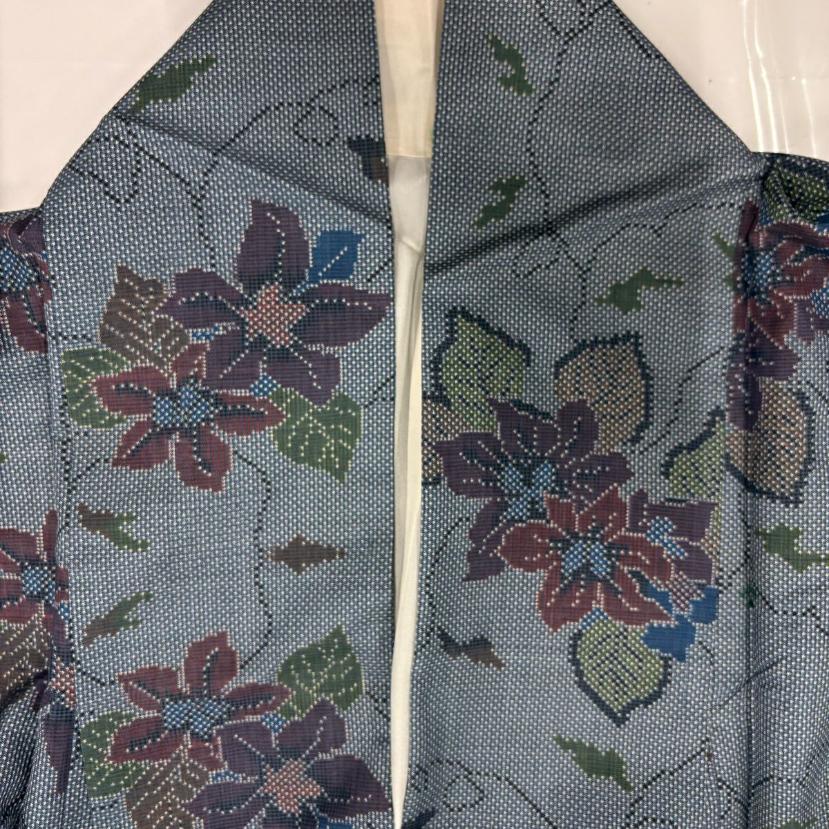 紬織 身長156cm 袖長62cm S 雙層 草花紋 綠灰 純蠶絲 秀品級