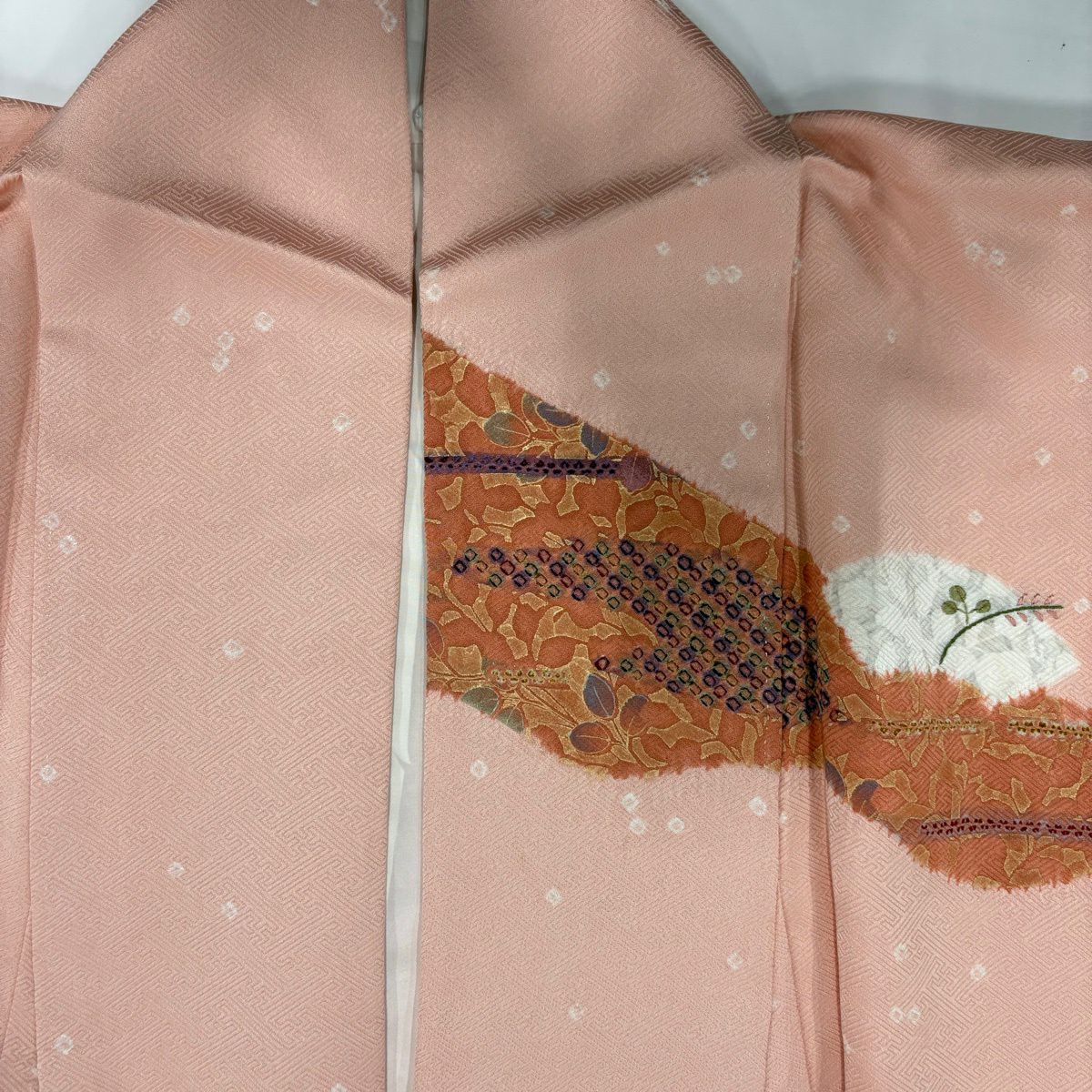 【美品】訪問服 身長166cm 袖長68cm L 雙層 扇子面 菊花 絞染 刺繡 淺粉色 純蠶絲 優品級