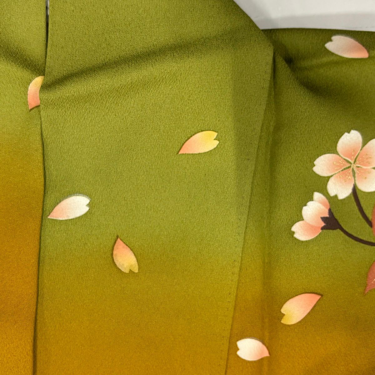 【美品】振袖禮服 身長165.5cm 袖長70cm L 雙層 鈴乃屋櫻櫻花花瓣金銀彩染分 山吹茶 純蠶絲 秀品級