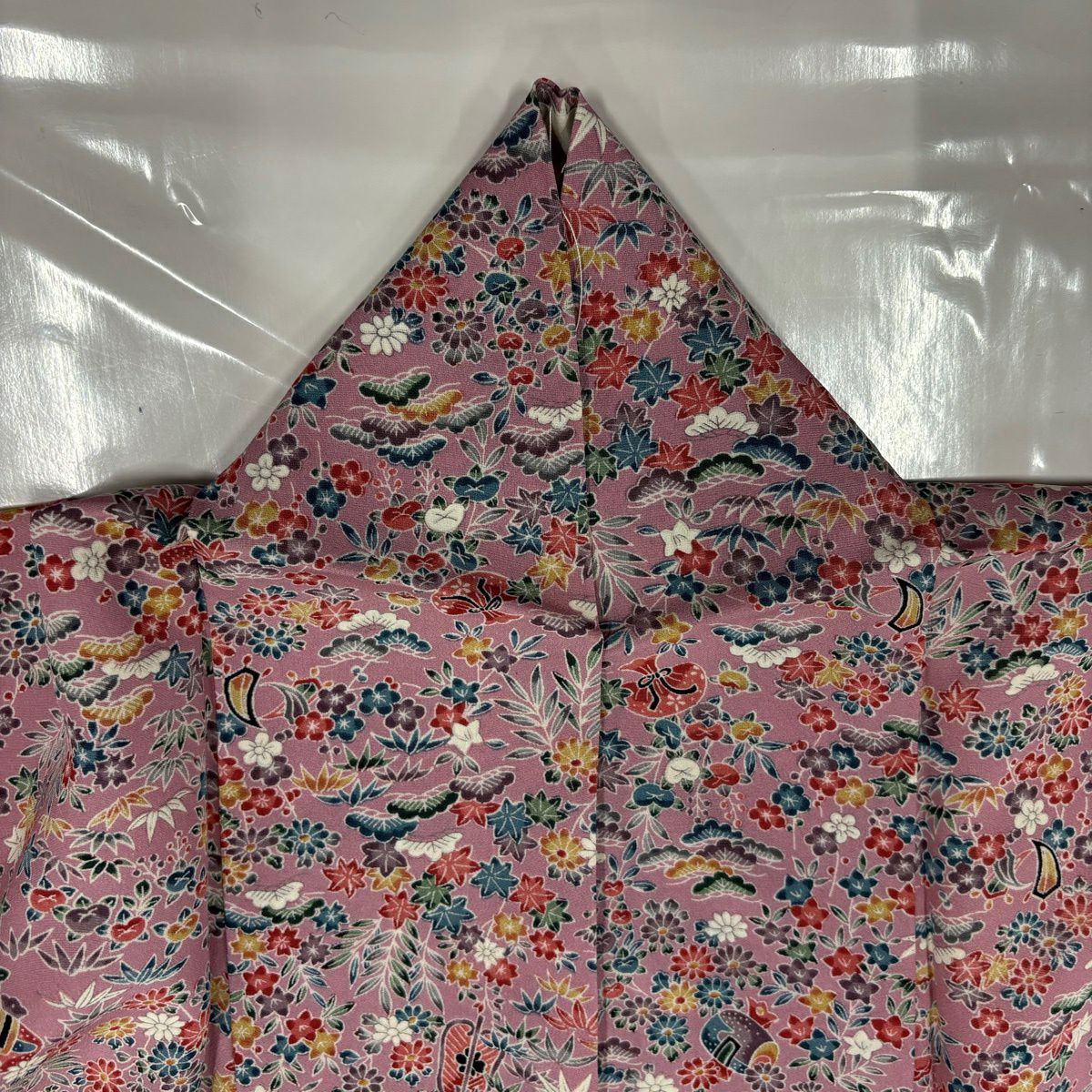 【美品】 小紋 身長159cm 袖長63cm S 雙層 草花紋紋 寶物滿載 粉紅 純蠶絲 優品級