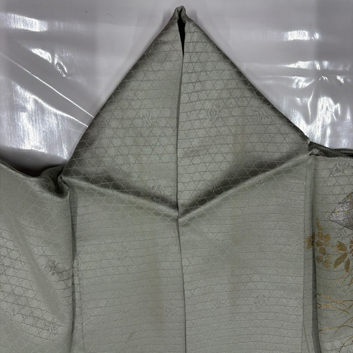 付下 身長154.5cm 袖長63cm S 雙層 扇子面 草花紋紋 刺繡 金銀彩 灰綠 純蠶絲 優品級