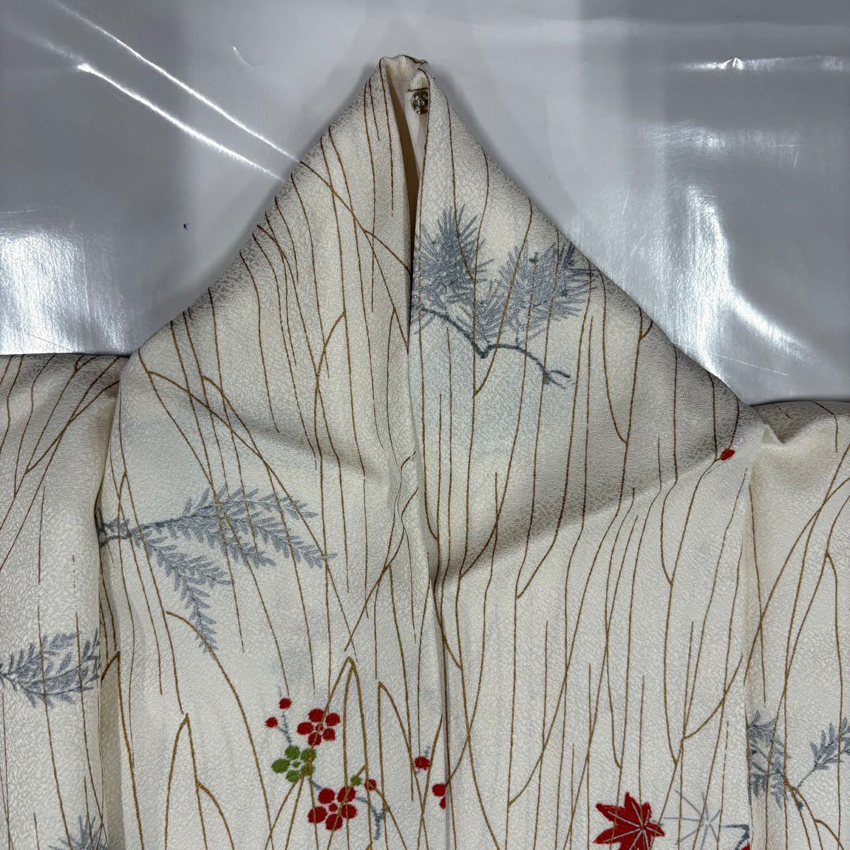 【美品】 小紋 身長154cm 袖長63cm S 雙層 梅花 楓 金銀彩 奶油色 純蠶絲 優品級