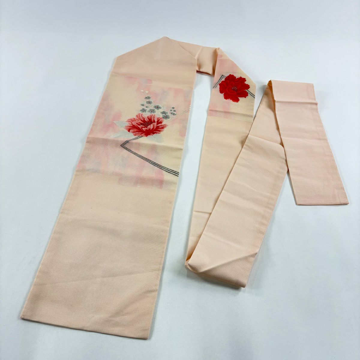 名古屋帶 優品級 夏帶 絽 牡丹 櫻花 粉米色 純蠶絲