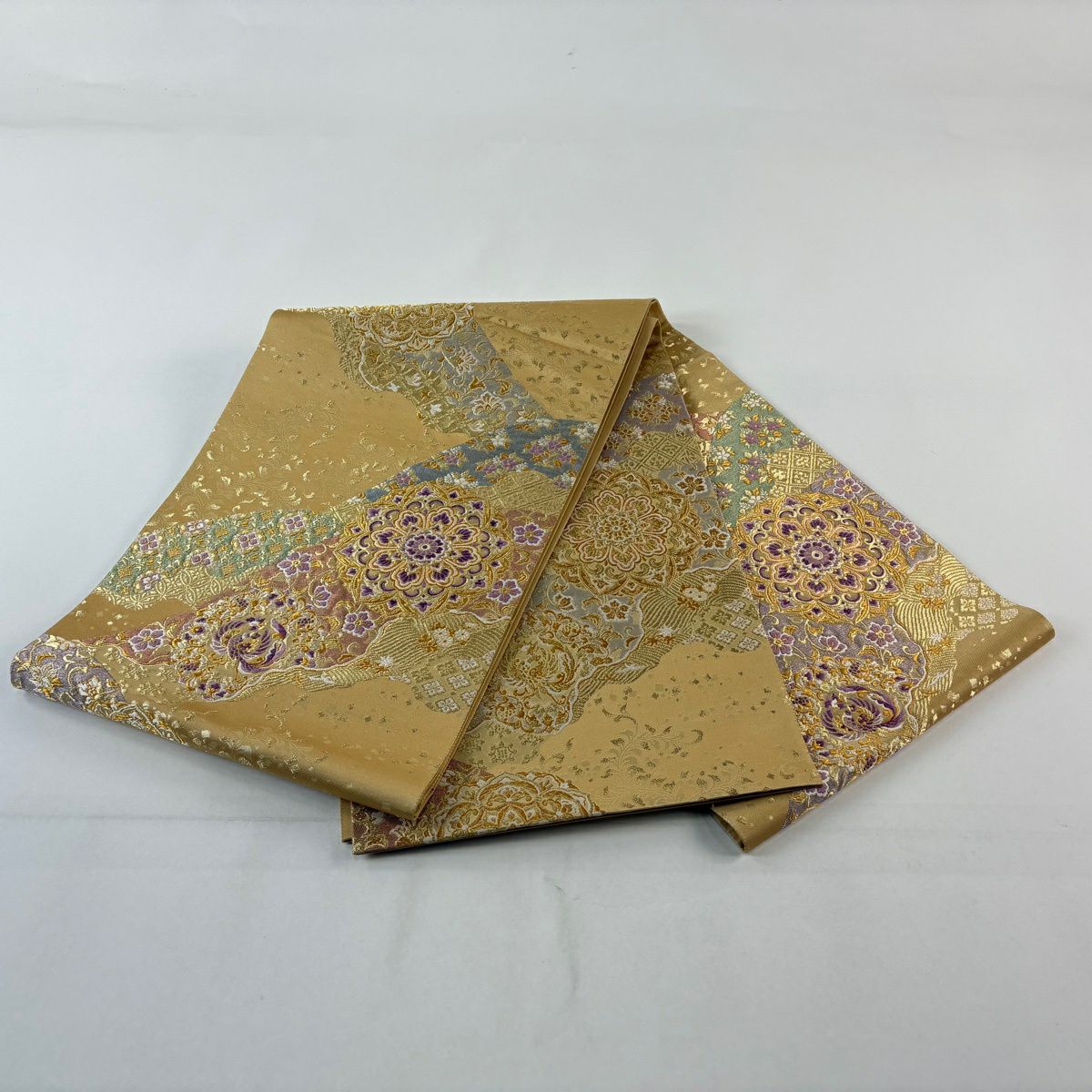 【美品】 袋帶 逸品級 じゅらく 落款あり 帝王紫 華紋 鳳凰 金糸 刺繡 薄茶 純蠶絲