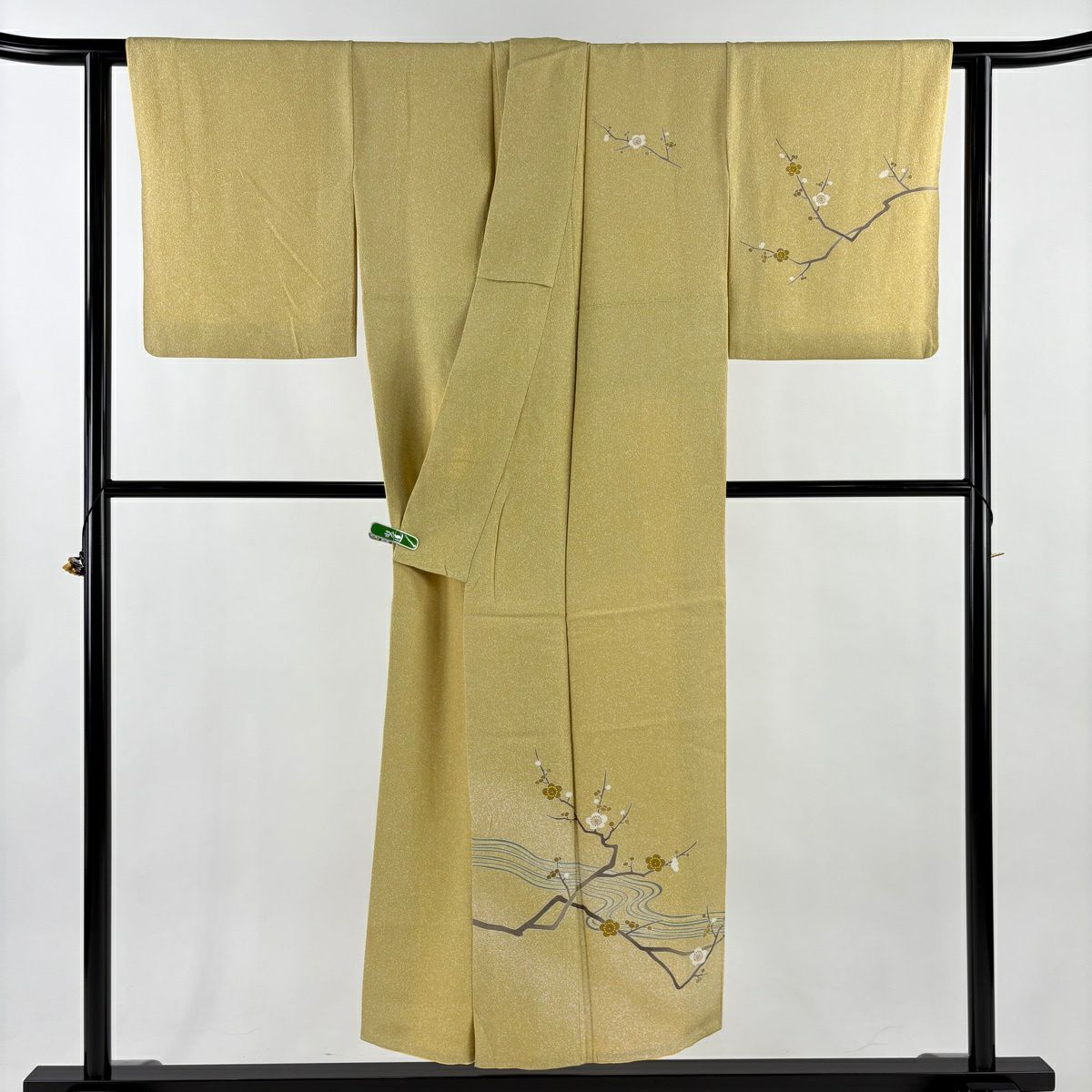 付下 身長150cm 袖長62.5cm S 雙層 松樹井青青 有落款 流水 枝梅花 金銀彩 漸層 米色 純蠶絲 逸品級