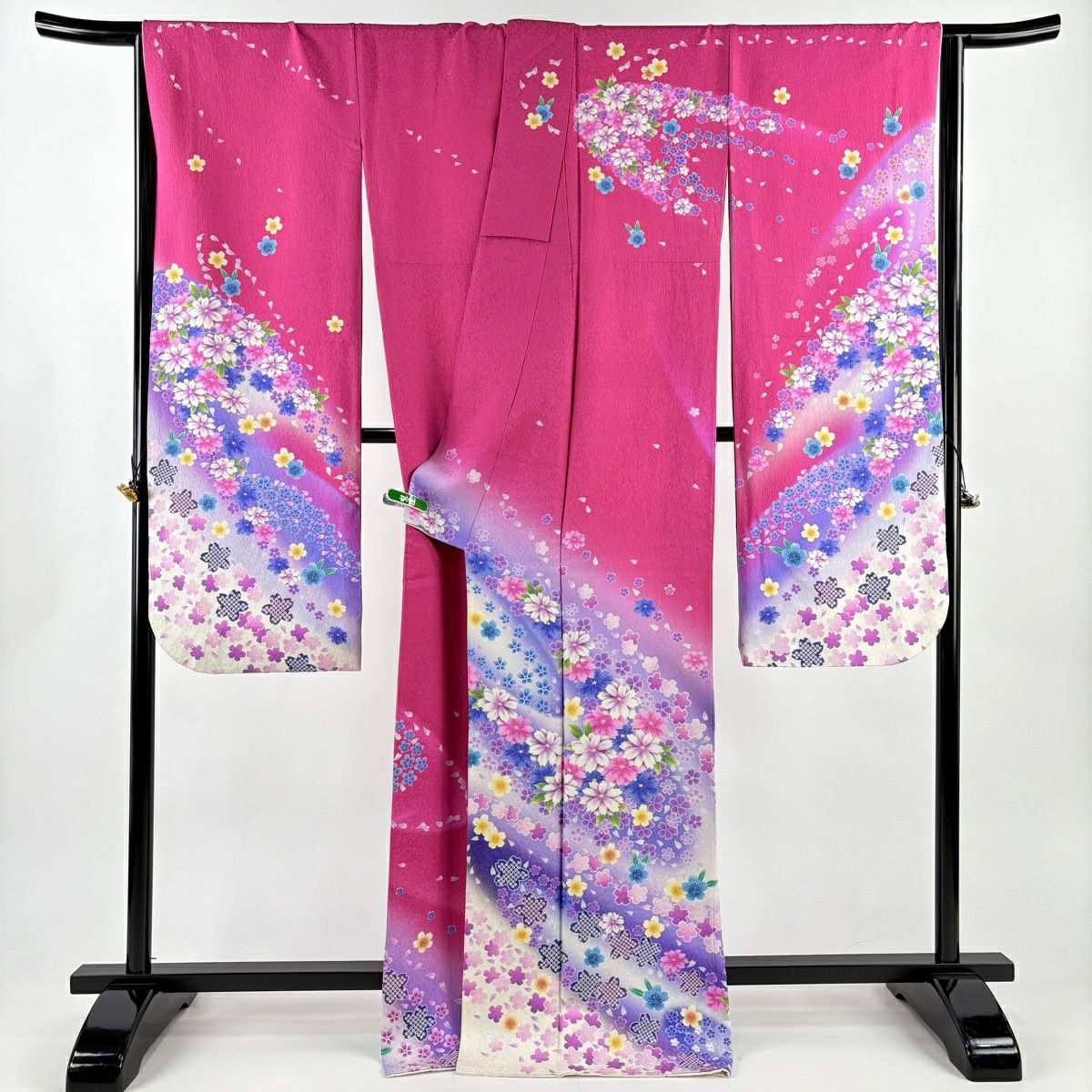 【美品】振袖禮服 身長169.5cm 袖長68cm L 雙層 草花紋紋 櫻花 金銀彩 漸層 深粉紅 純蠶絲 逸品級