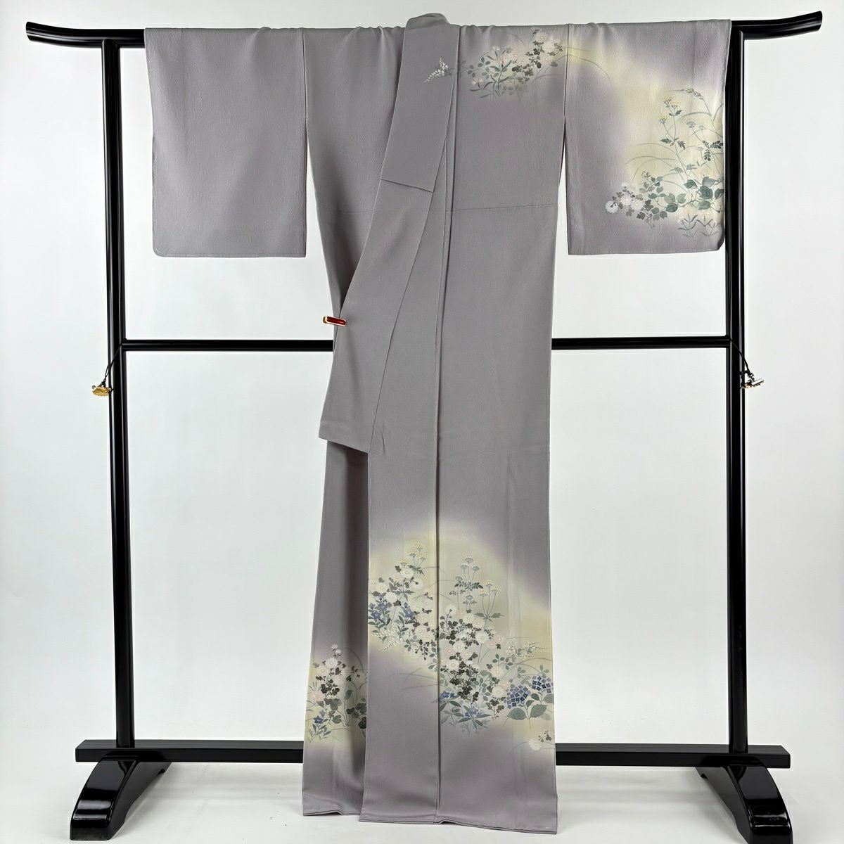 【美品】訪問服 身長167cm 袖長65cm M 雙層 洛樂人 落款あり 秋草 金銀彩 漸層 灰色 純蠶絲 逸品級