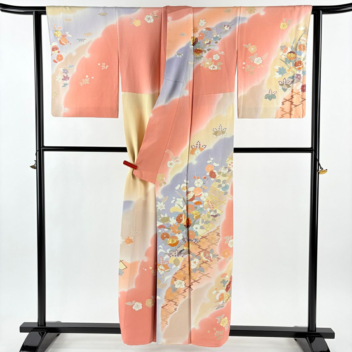 訪問服 身長155cm 袖長65cm M 雙層 千總 落款 草花紋紋 菱形刺繡 金線 鮭粉色 純蠶絲 逸品級
