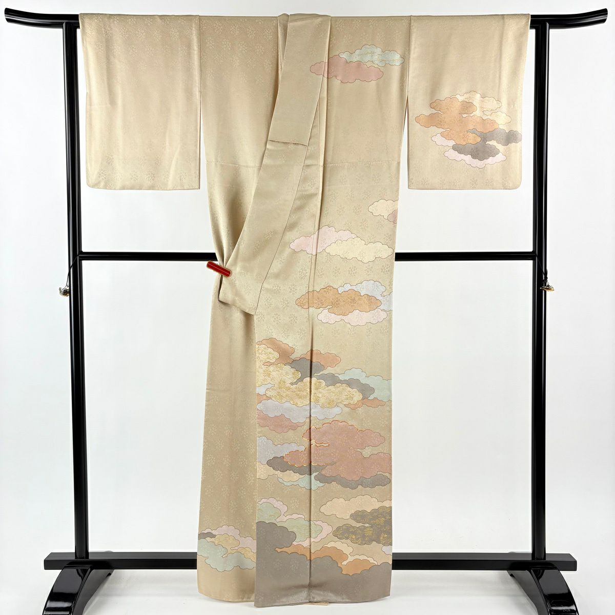 訪問服 身長162cm 袖長65cm M 雙層 藤井寛 落款あり 雲文 桔梗 金絲 金銀彩 米色 純蠶絲 逸品級 一つ紋