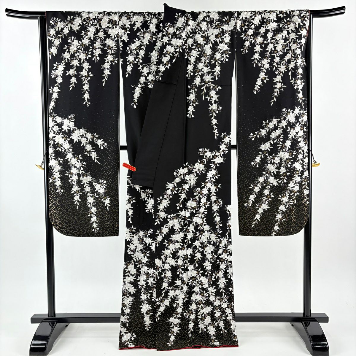 【美品】振袖禮服 身長166cm 袖長69cm L 雙層 垂枝櫻花 刺繡 金銀彩 黑 純蠶絲 逸品級
