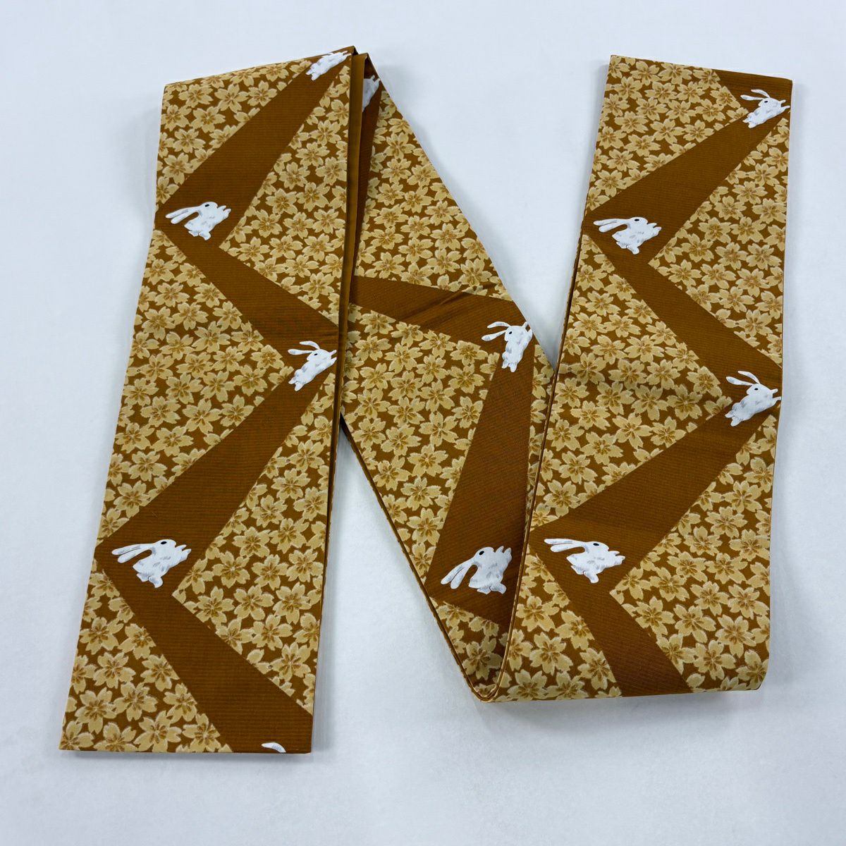 【美品】半幅帶 優品級 兔子 櫻花 山吹茶 純棉