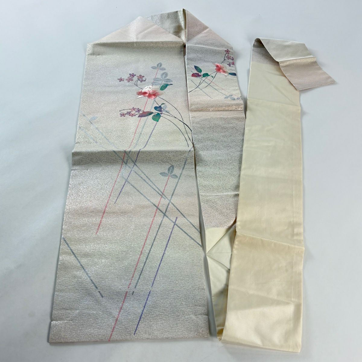 名古屋帶 優品級 草花紋 金銀彩 刺繡 奶油色 純蠶絲
