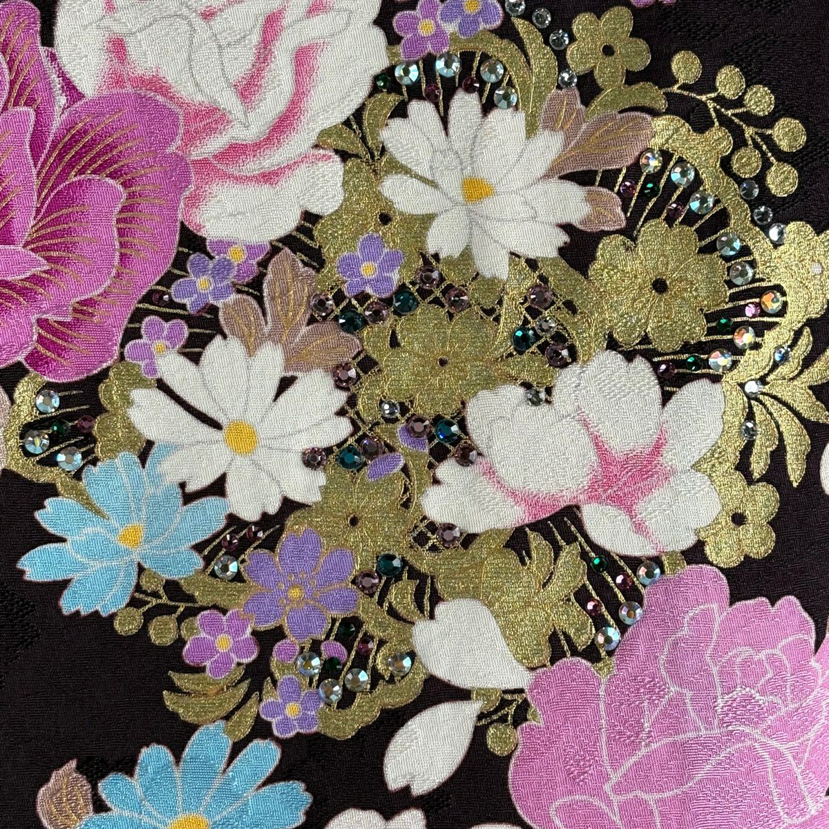 振袖禮服 身長164cm 袖長65cm M 雙層 薔薇 草花紋刺繡 金銀彩 茶紫 純蠶絲 名品級