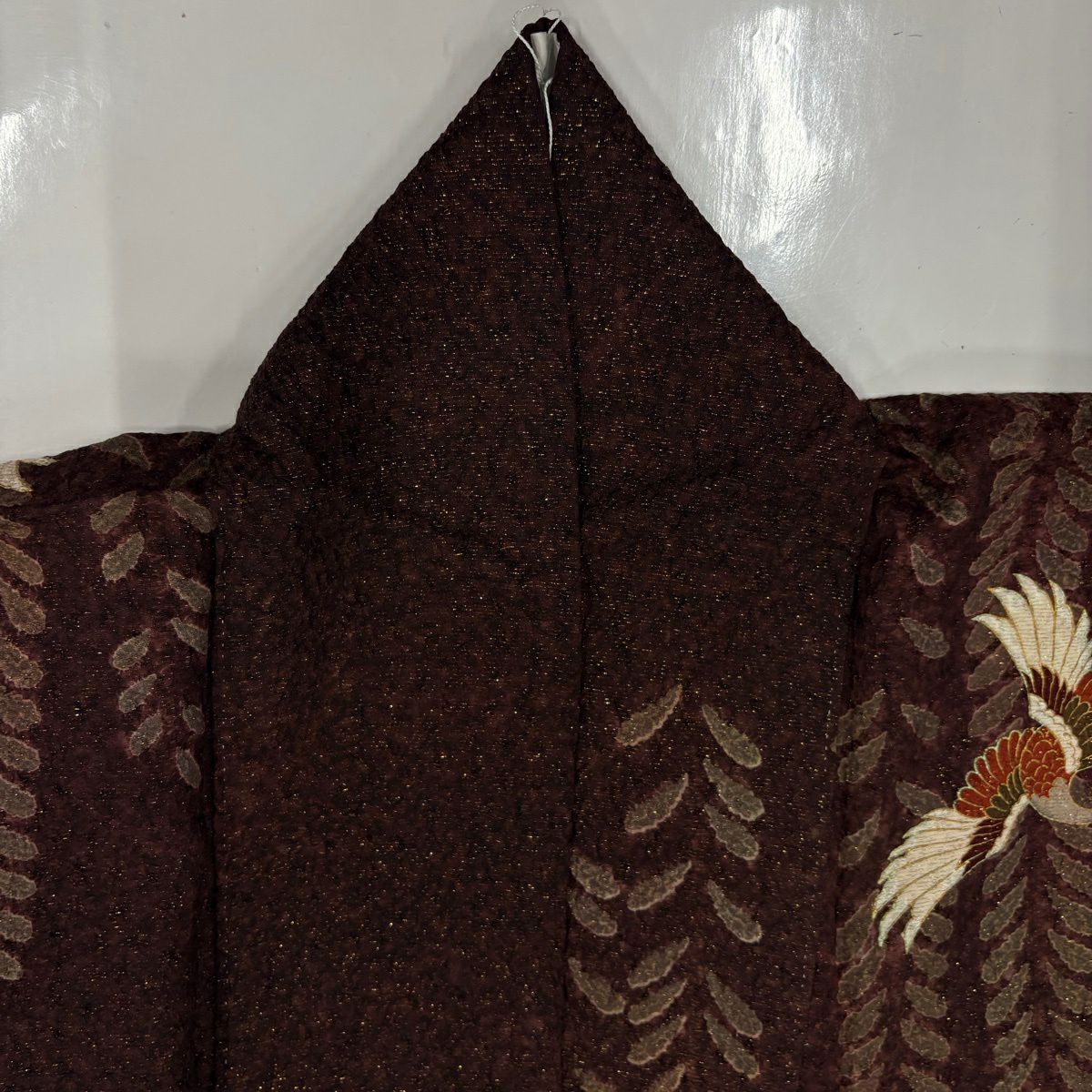 【美品】振袖禮服 身長162.5cm 袖長67.5cm L 雙層 尾長鳥 草花紋 金通 金糸 紅茶 純蠶絲 名品級