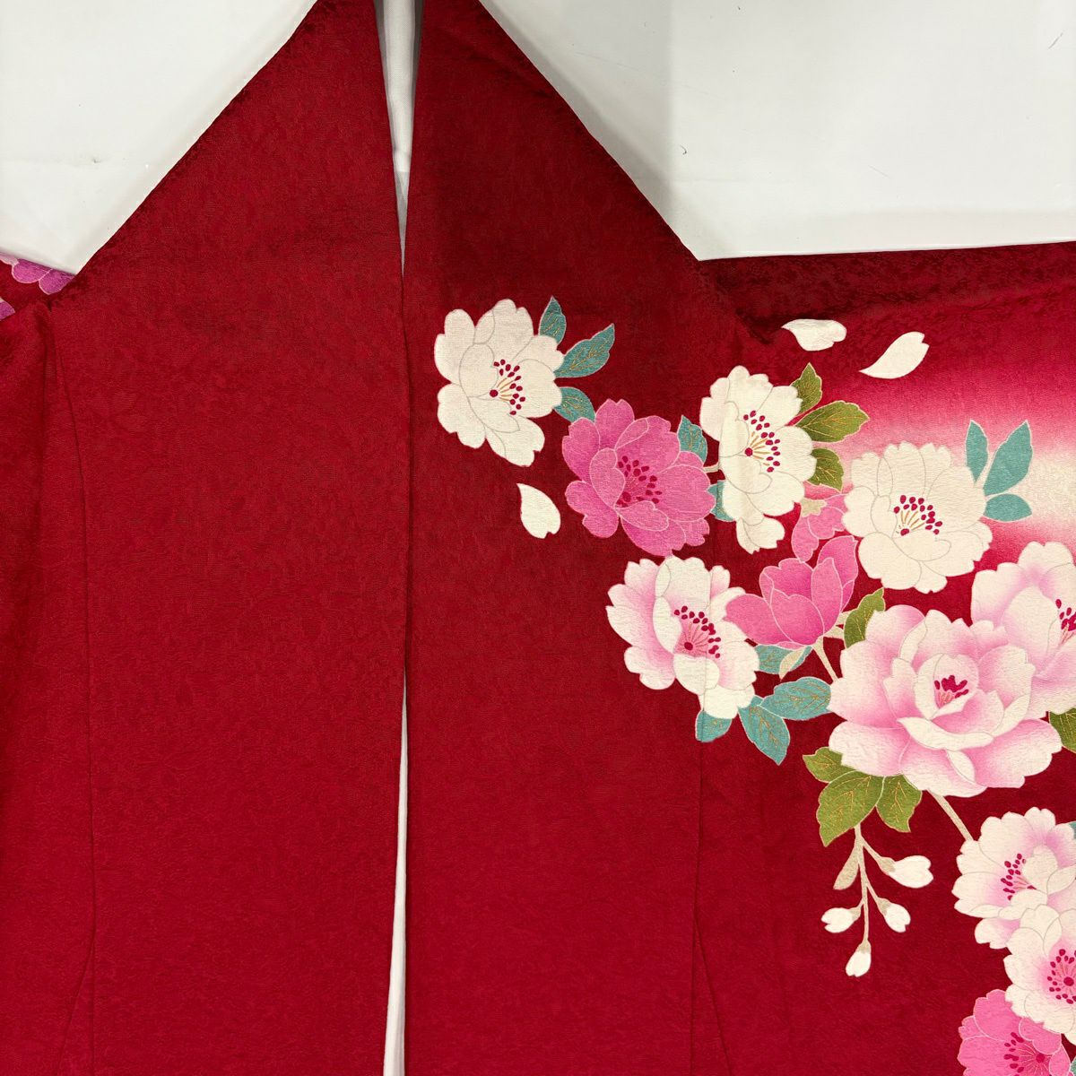【美品】振袖禮服 身長169.5cm 袖長68cm L 雙層 牡丹 垂枝櫻 刺繡 金彩裝飾 紅 純蠶絲 名品級